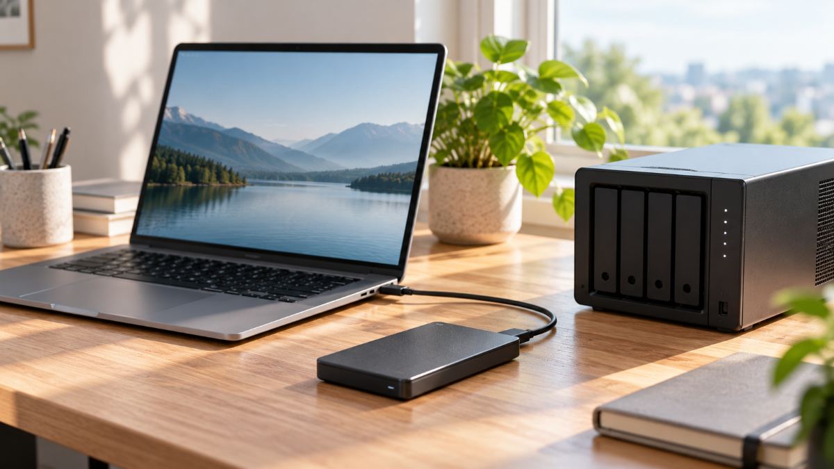 Laptop connected to an external drive and a network storage box