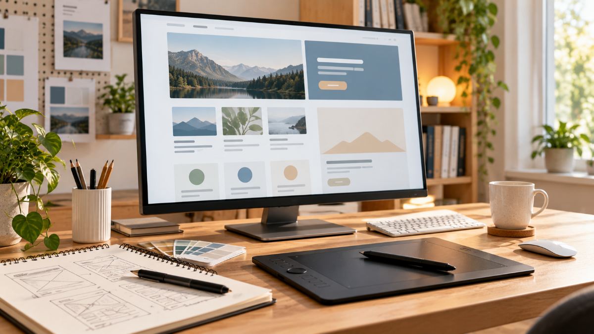 Designer desk with a website layout on a large monitor and wireframe sketches