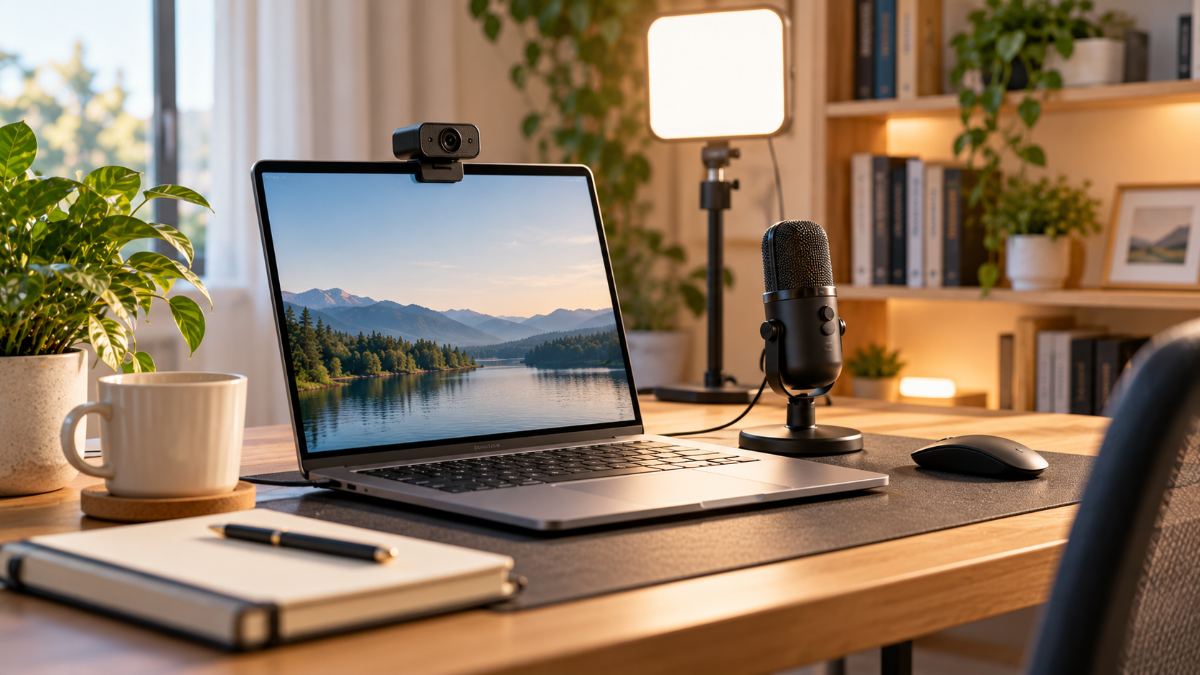 Home desk set up for video calls with webcam, microphone and light