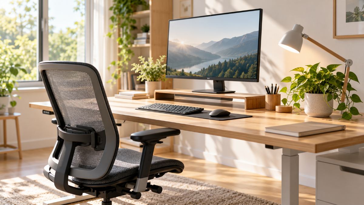 Ergonomic home office with mesh chair and monitor at eye level