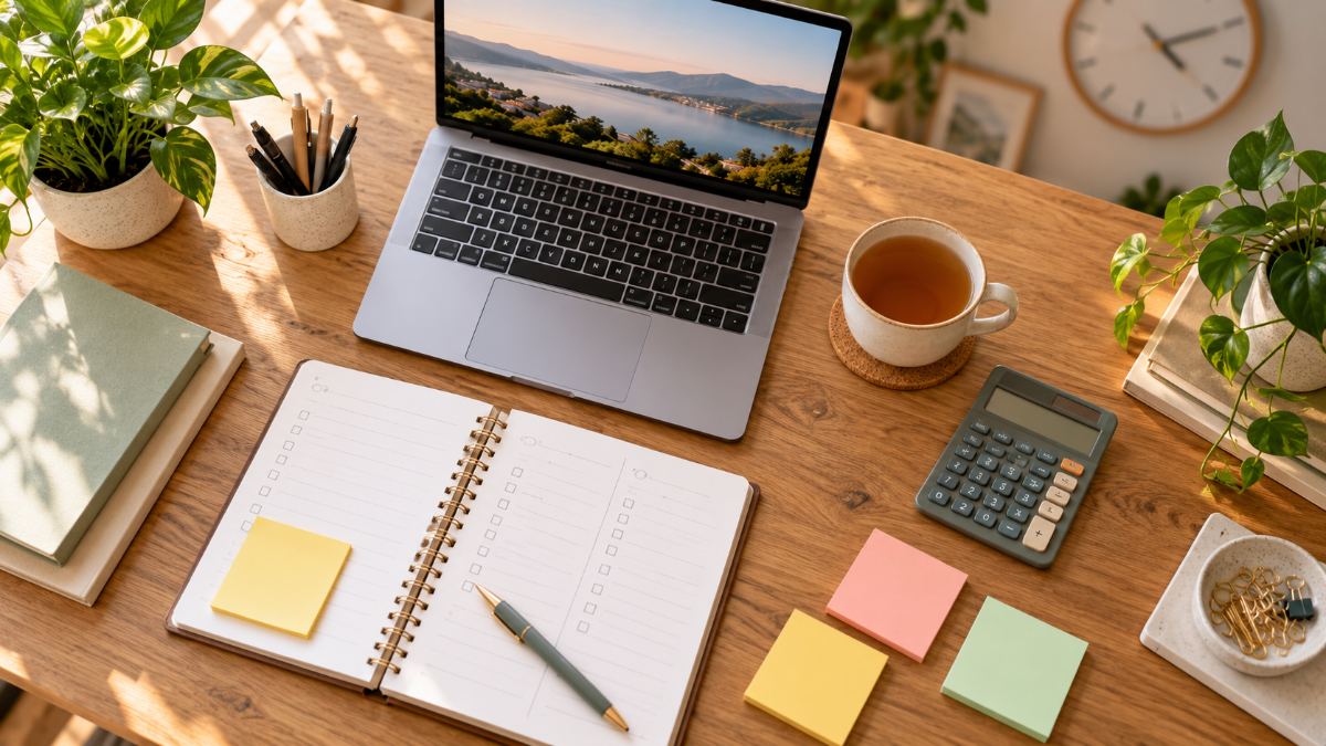 Freelancer workspace with laptop, planner, calculator and sticky notes