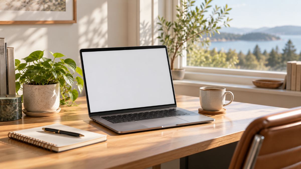 A bright, tidy home office desk with a laptop by the window
