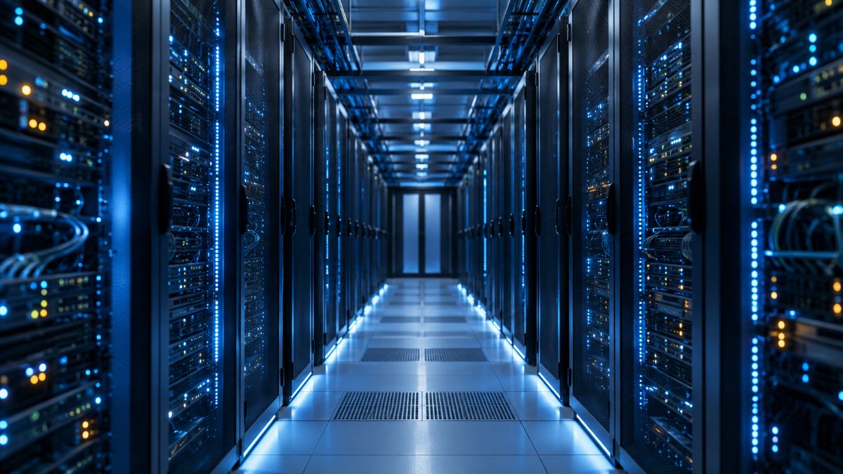 Rows of rack servers in a modern data centre
