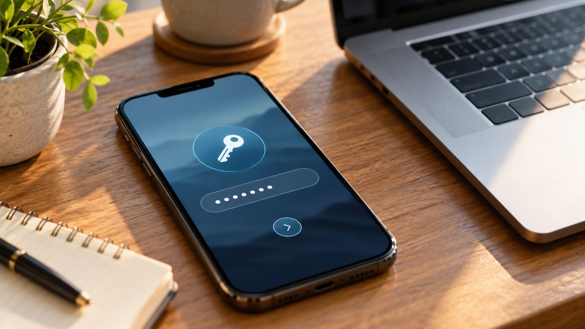 Smartphone showing a password login screen next to a laptop