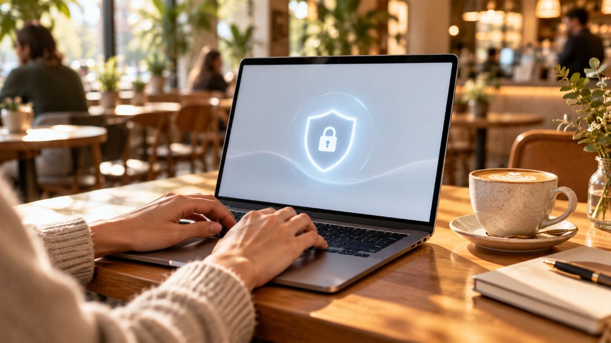 Hands typing on a laptop in a cafe with a security shield on screen